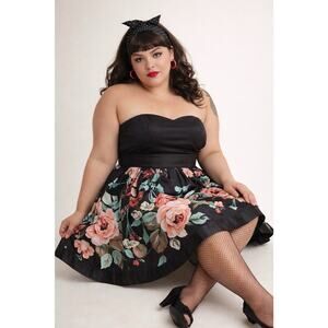 Vtg Y2k Torrid Floral Dress Black Strapless Bubble Mini Coquette Sz 20 1x